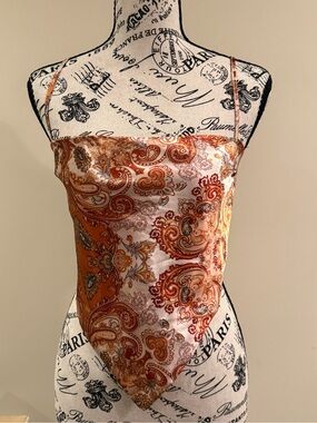 Satin Paisley Handkerchief Top with Adjustable Spaghetti Straps - Orange Multi